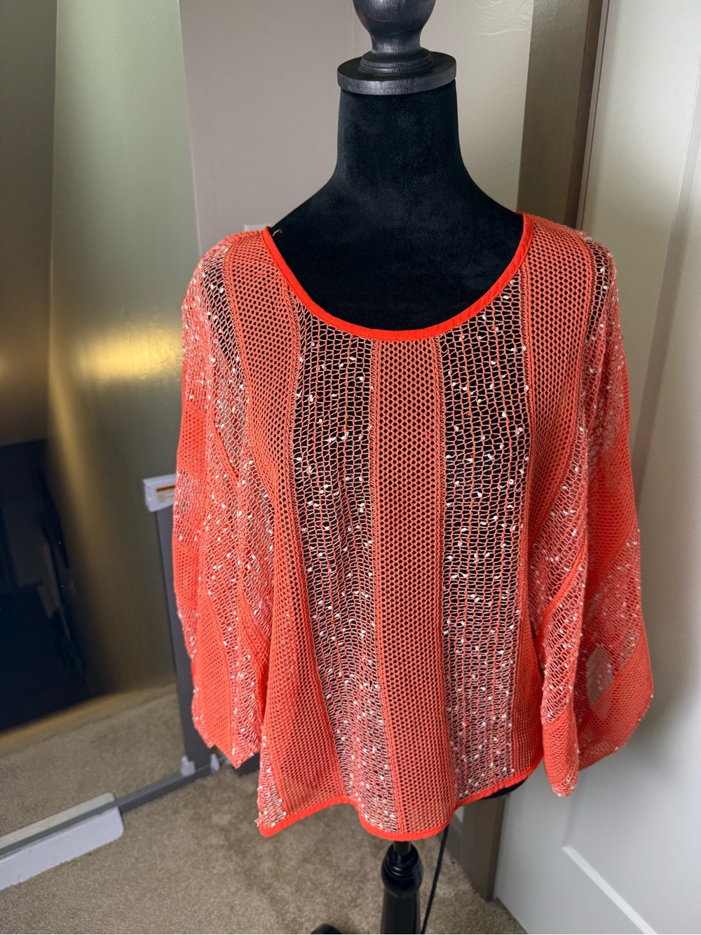 Umgee USA Netted Coral Orange Blouse Top Flowy Coverup Beachy Vacation Swim M/L